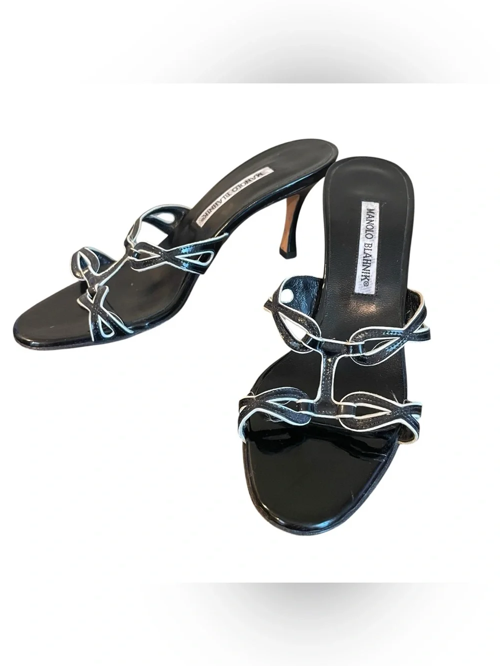 Manolo Blahnik Vintage Black Patent Leather Strappy Mule Heels Women Size 38